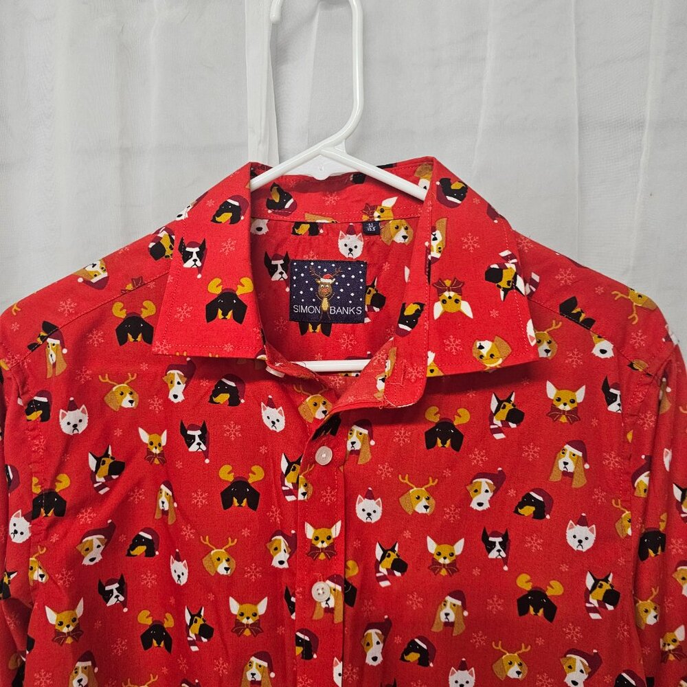 Simon Banks Blouse Red Christmas Dogs Button Down Casual Holiday Unisex M - Picture 3 of 8